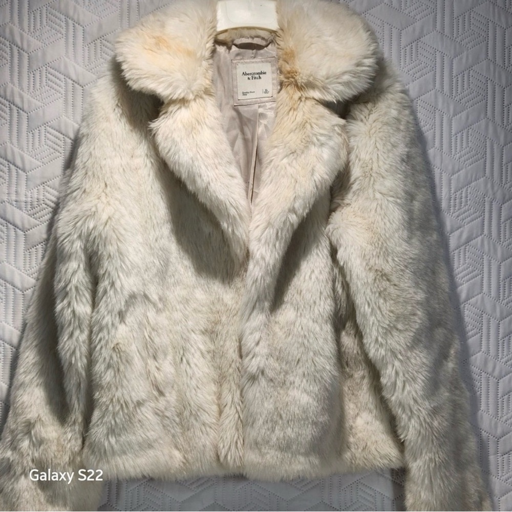 Abercrombie & Fitch Faux Fur Jacket Coat Cream XL Glam Cozy Winter Snowy Plush